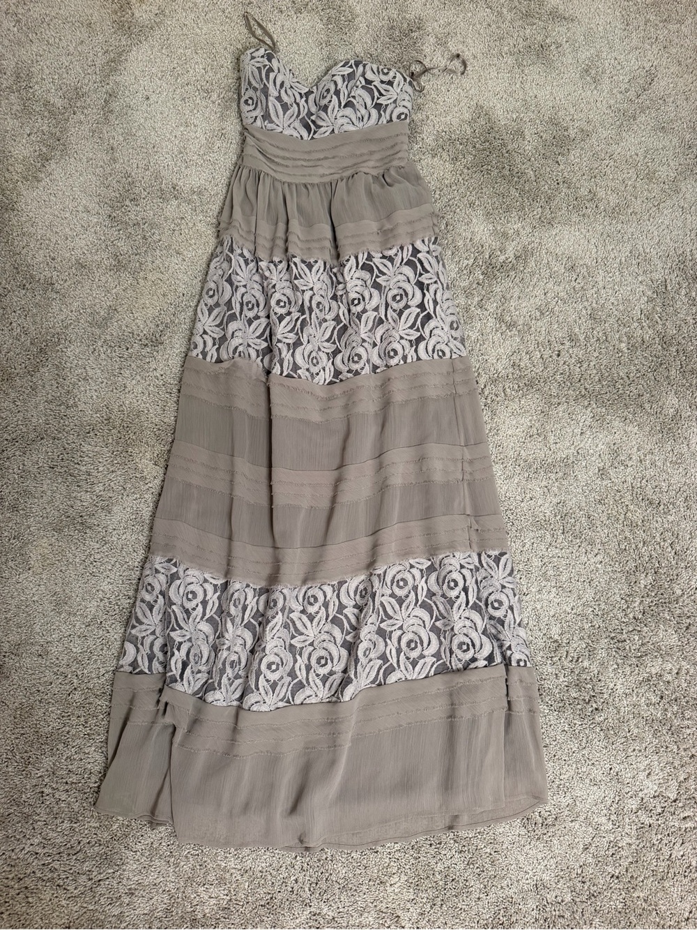 BCBGeneration Taupe & Ivory Lace Tiered Maxi Skirt